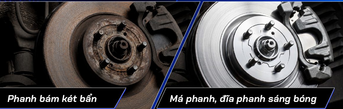 So sánh cụm phanh trước và sau khi vệ sinh: bên trái đĩa và cùm phanh bám két bẩn, bên phải đĩa và má phanh sáng bóng